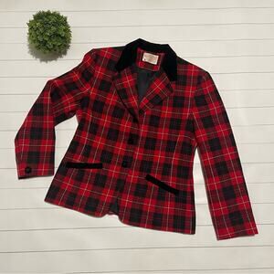 Pendleton Red Black Wool Velvet Plaid Christmas Holiday Blazer Jacket 6 Petite
